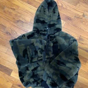 Army Print Fuzzy Crop Hoodie